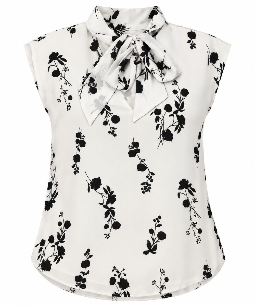 Ann Taylor XL White Black Floral Tie Neck Blouse Sleeveless Bow Office Chic